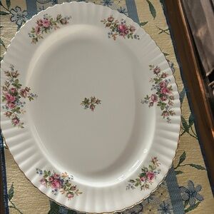 Royal Albert Moss Rose Oval Platter Pink and Green Accents 15”x12”